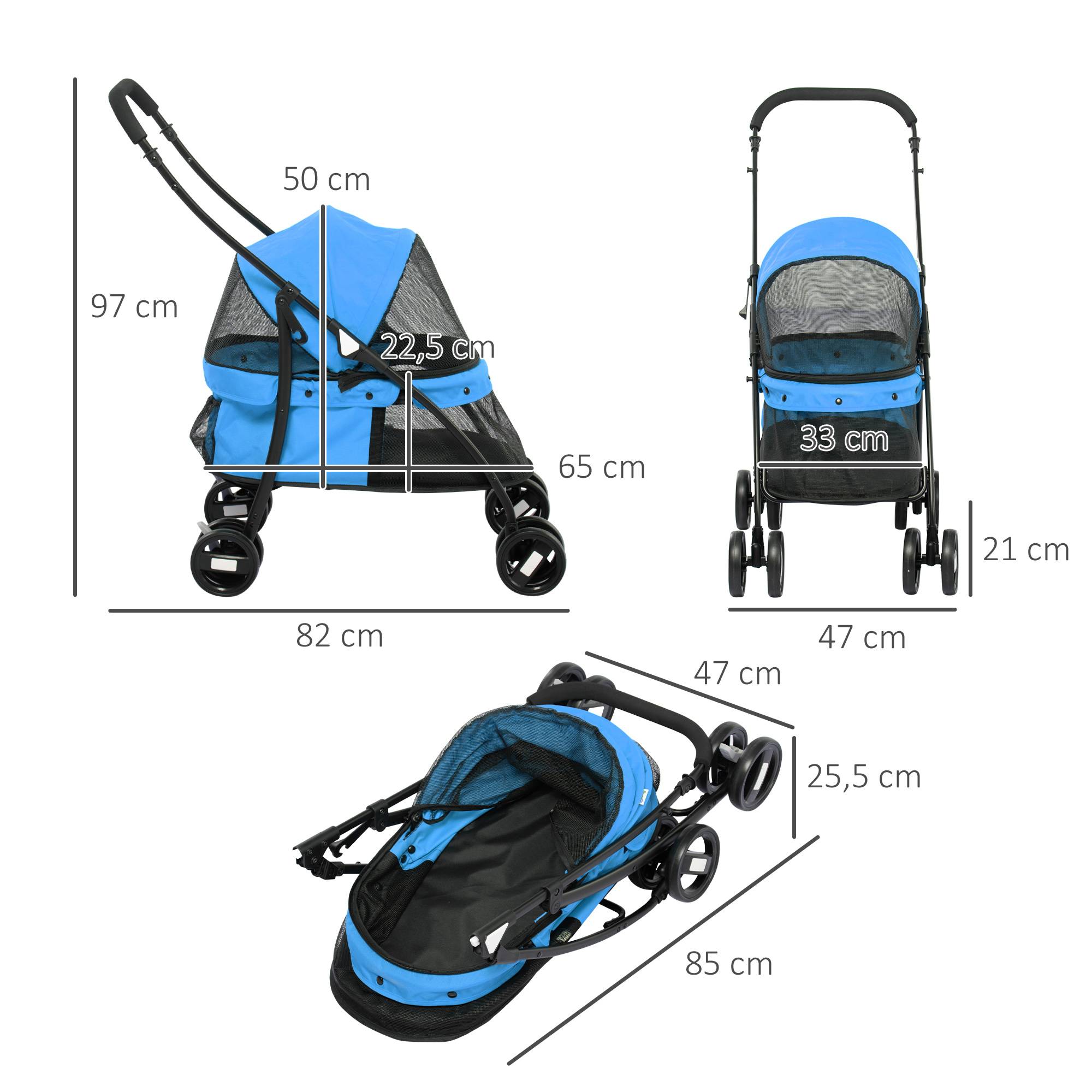 Poussette pliable pour petit chien avec fenêtres en filet, coussin lavable, sangles de sécurité et cadre en acier - Bleue - Image 5