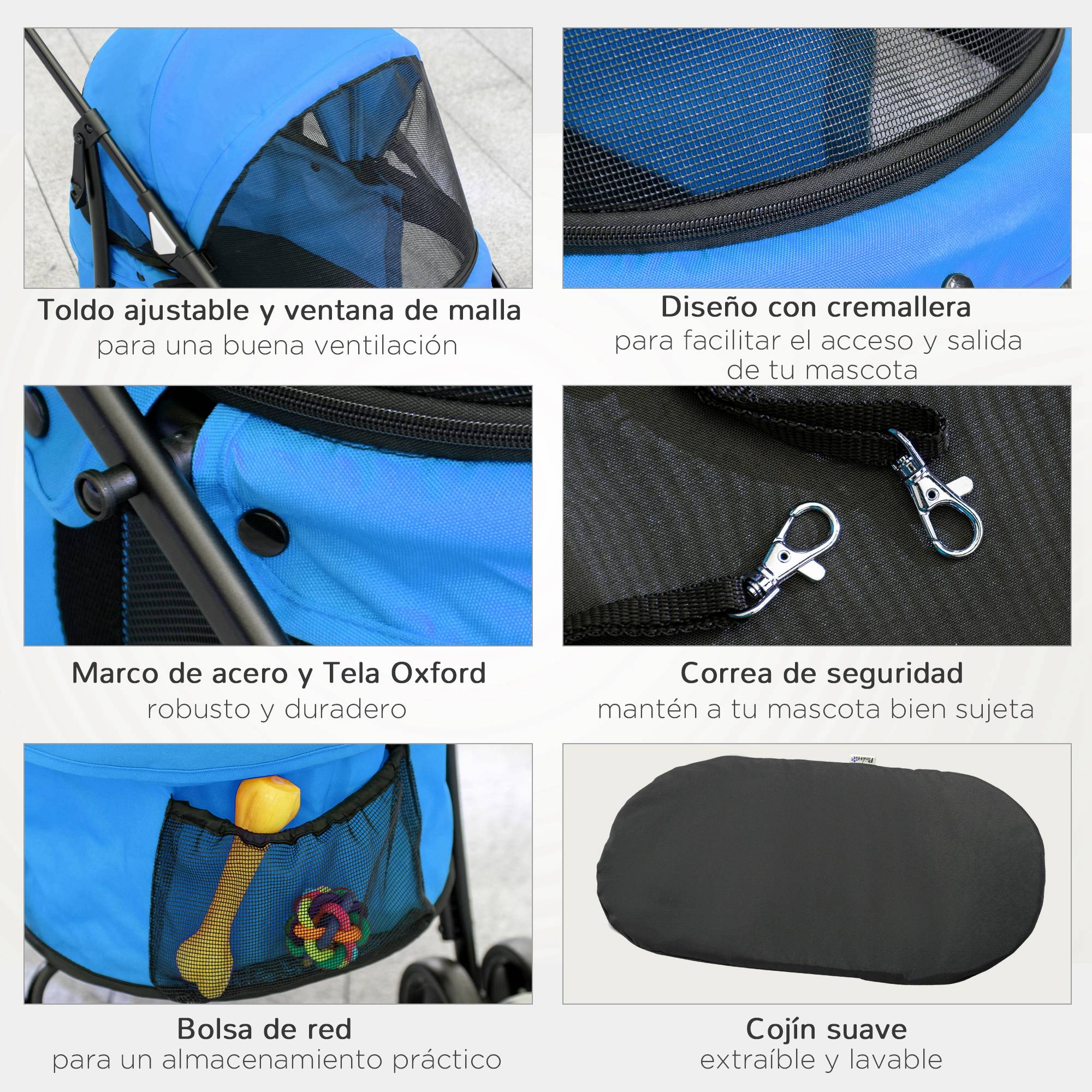 Poussette pliable pour petit chien avec fenêtres en filet, coussin lavable, sangles de sécurité et cadre en acier - Bleue - Image 8