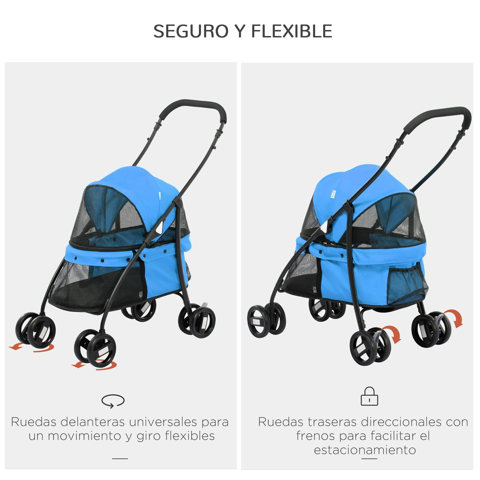 Poussette pliable pour petit chien avec fenêtres en filet, coussin lavable, sangles de sécurité et cadre en acier - Bleue - Image 7