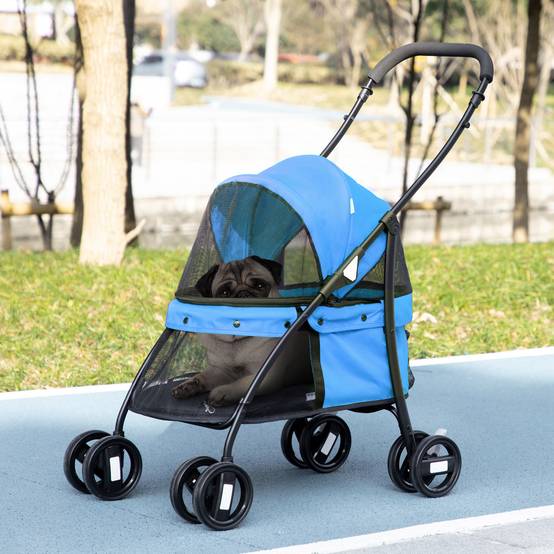 Poussette pliable pour petit chien avec fenêtres en filet, coussin lavable, sangles de sécurité et cadre en acier - Bleue - Image 4