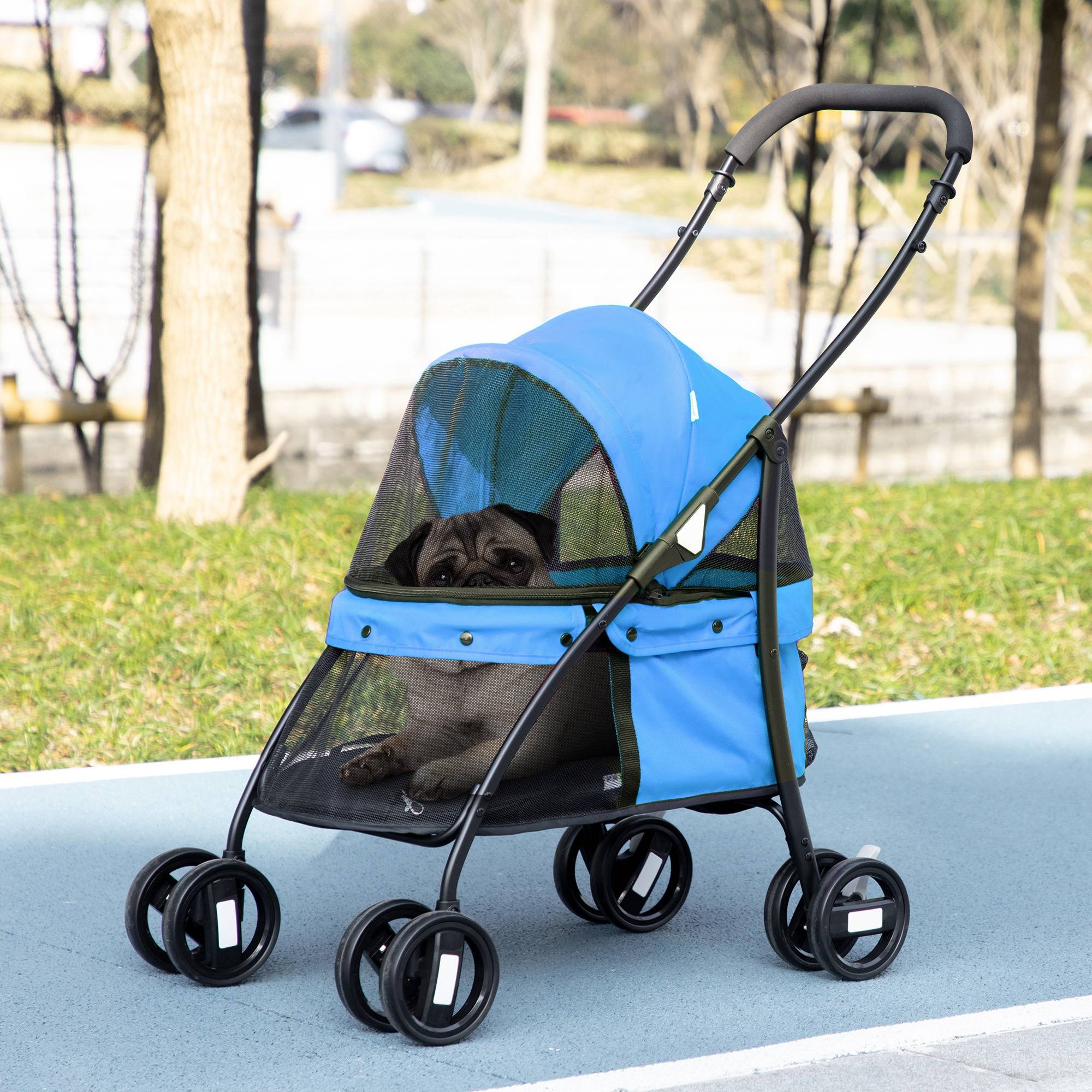 Poussette pliable pour petit chien avec fenêtres en filet, coussin lavable, sangles de sécurité et cadre en acier - Bleue - Image 4