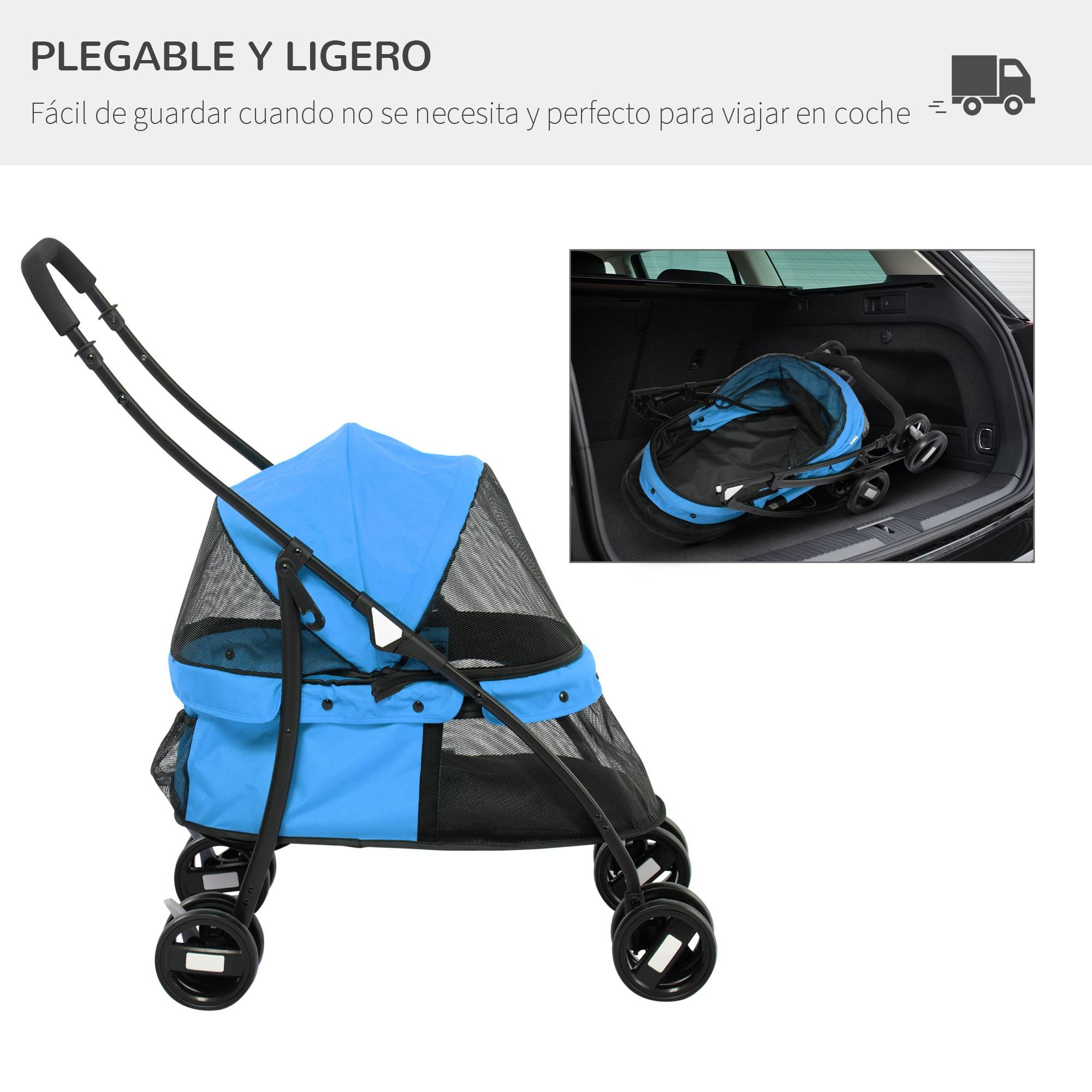 Poussette pliable pour petit chien avec fenêtres en filet, coussin lavable, sangles de sécurité et cadre en acier - Bleue - Image 6