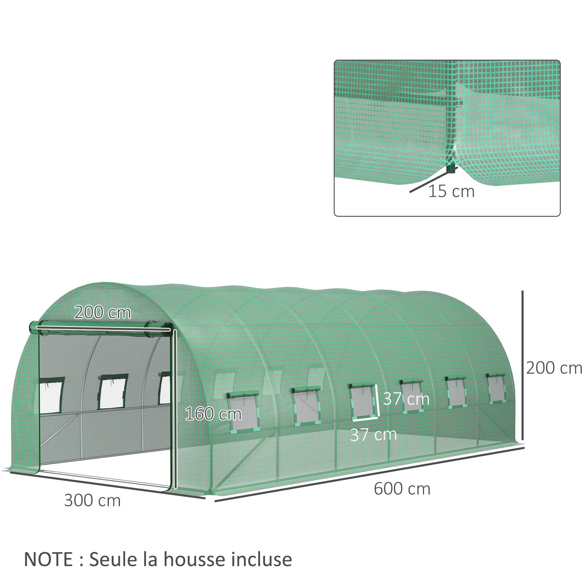 Sans Marque - Bâche de Rechange Serre Tunnel 18 m², bâche 6 x 3 x 2 m PE Anti-UV imperméable 12 fenêtres + Porte Enroulable zippée vert - Image 5