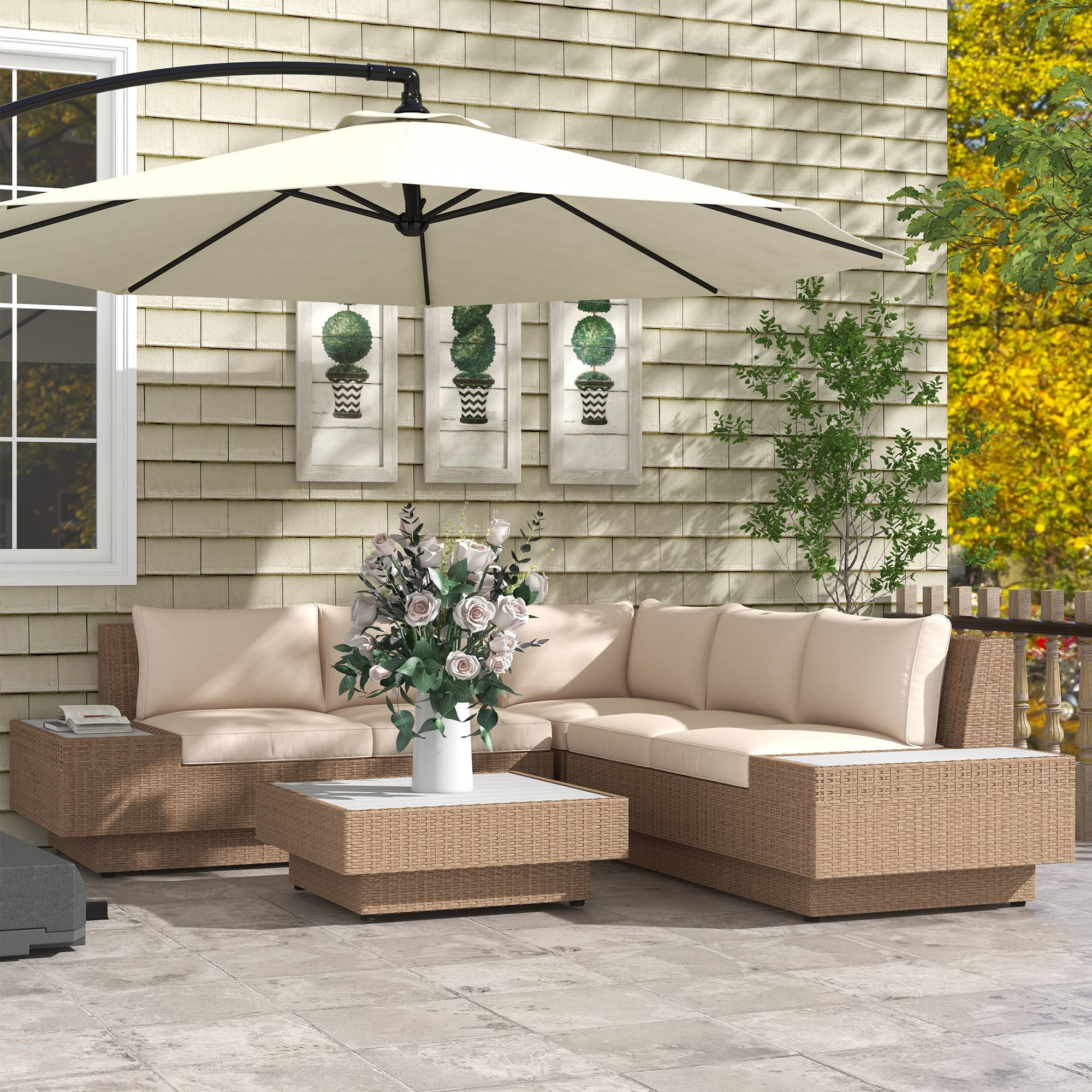 Outsunny - Ensemble salon d'angle 5 places design contemporain avec coussins épais et table basse résine tressée métal beige - Outsunny - Image 5