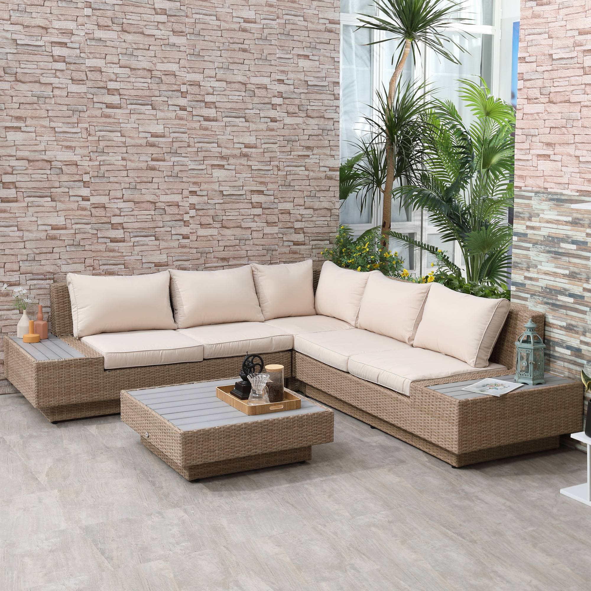 Outsunny - Ensemble salon d'angle 5 places design contemporain avec coussins épais et table basse résine tressée métal beige - Outsunny - Image 2