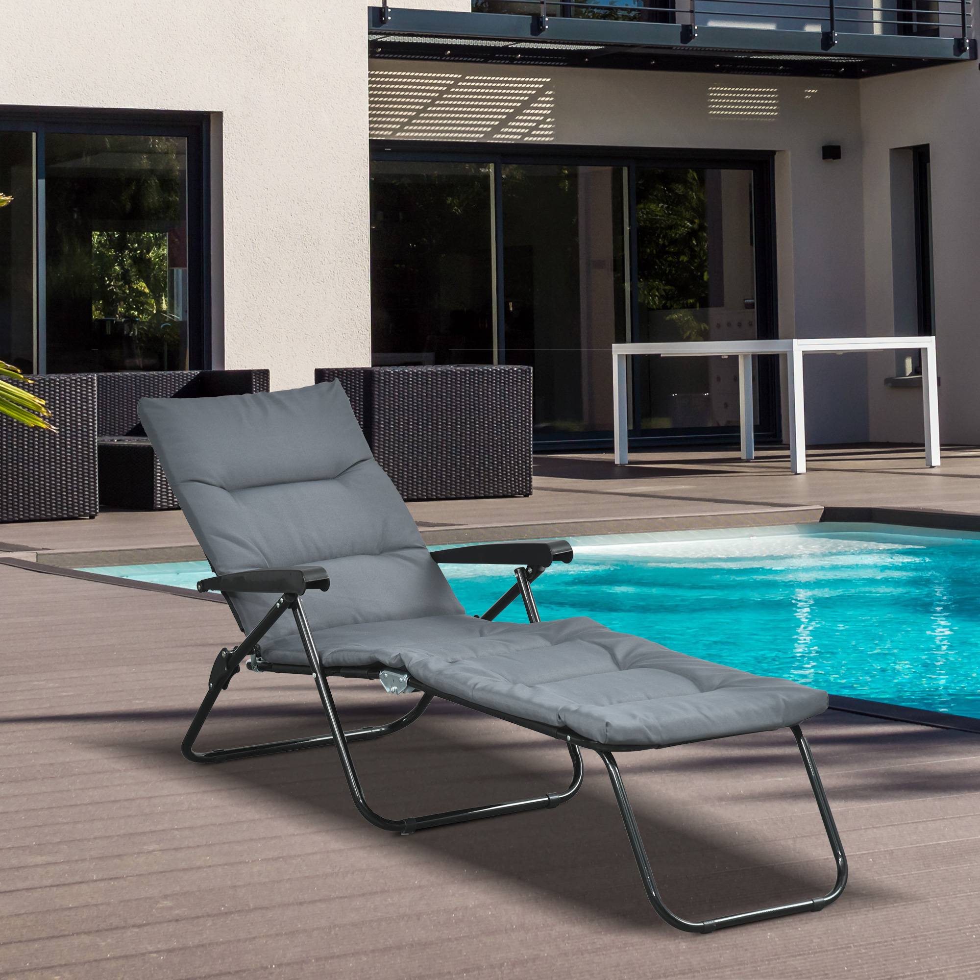 Outsunny - Bain de soleil pliable transat inclinable 6 positions grand confort avec matelas + accoudoirs acier polyester gris - Outsunny - Imagen 2