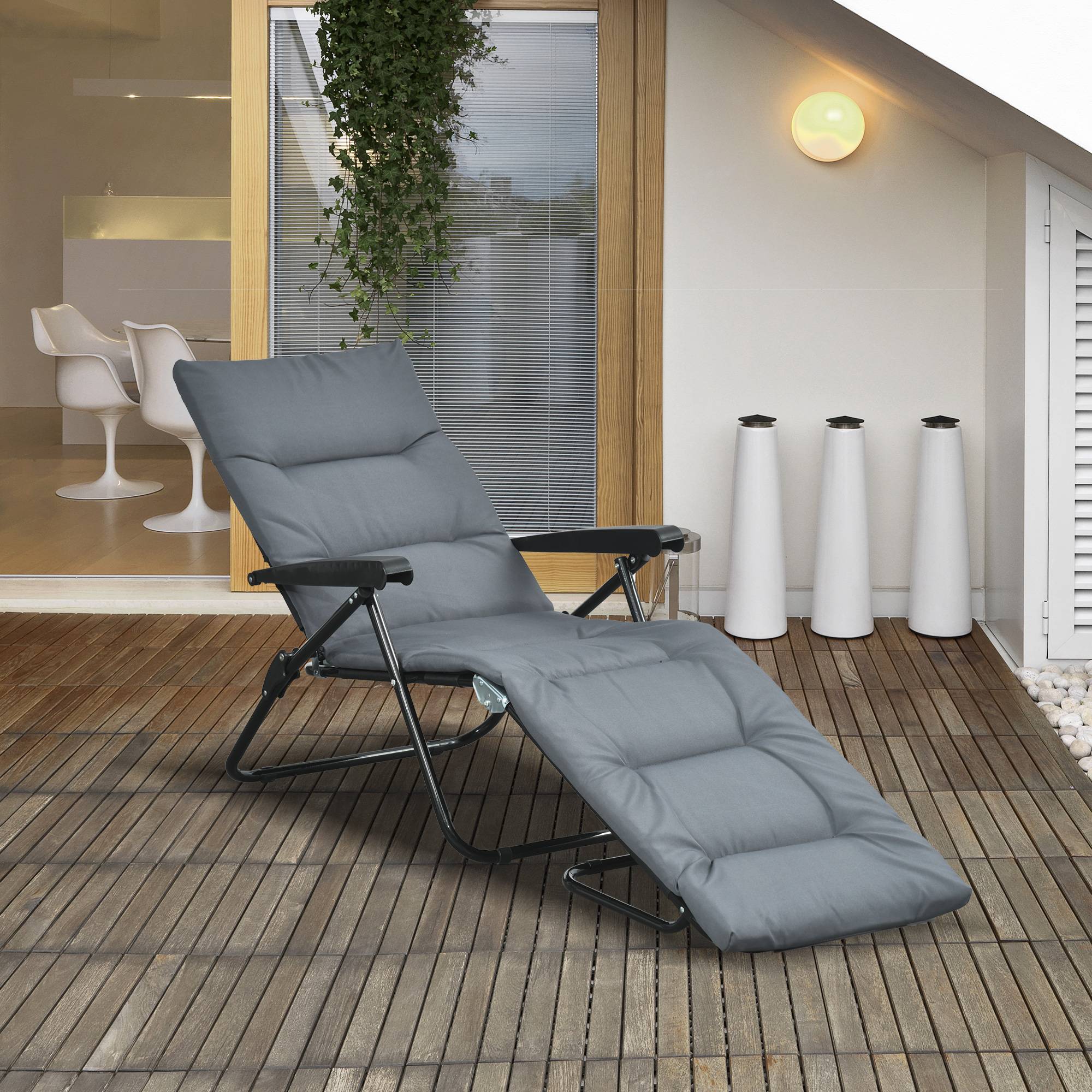 Outsunny - Bain de soleil pliable transat inclinable 6 positions grand confort avec matelas + accoudoirs acier polyester gris - Outsunny - Imagen 4