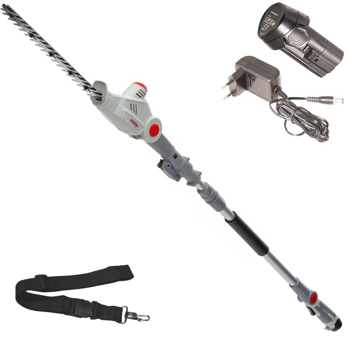 Taille Haie sur perche télescopique 12V - Lame de 41cm -Batterie Lithium 2,5Ah - Chargeur 12V - Sangle d'épaule IKRA
