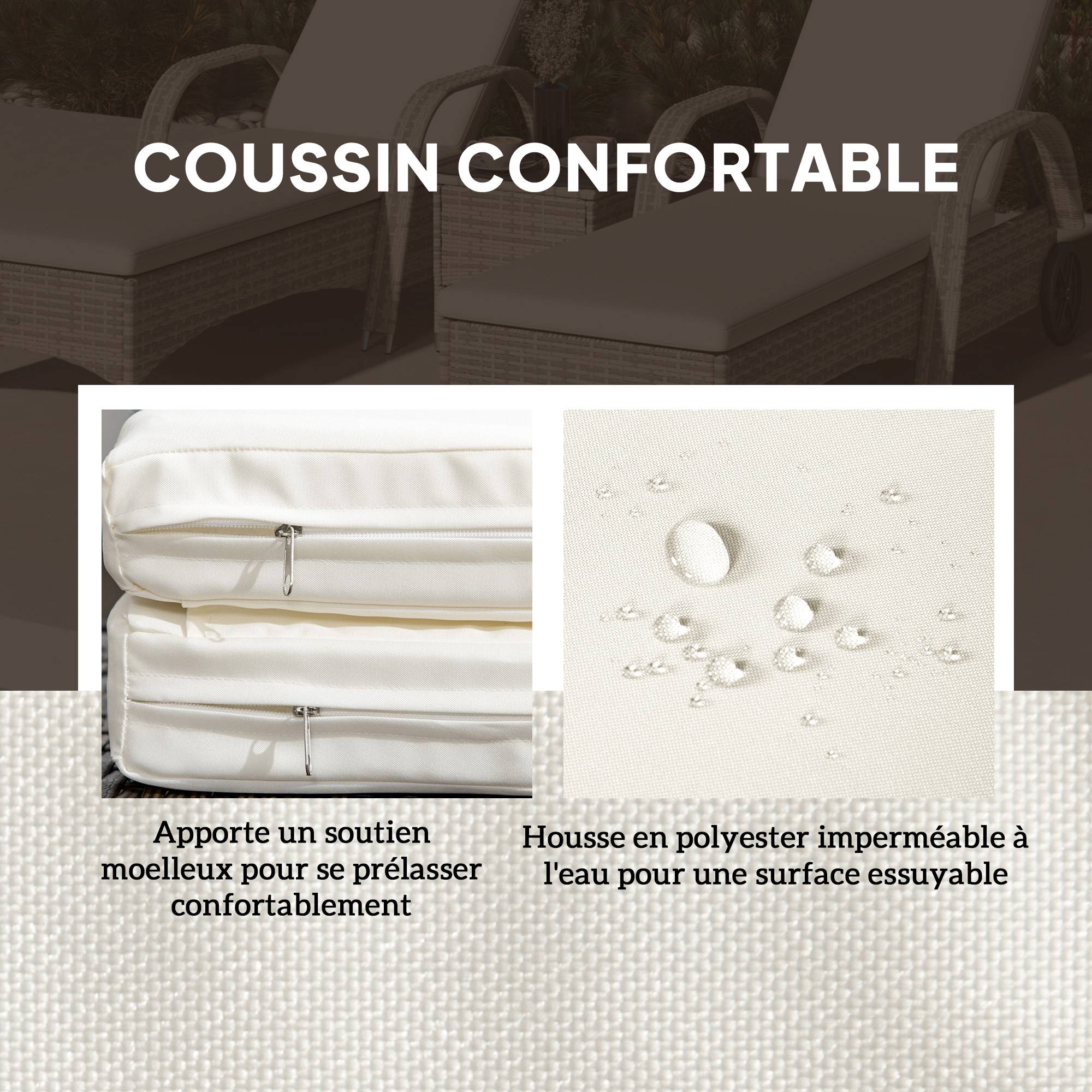 Lot 2 transats avec table Résine tressée Jardin & terrasse Dossier réglable Crème - ComfortXL Outdoor Living - Image 9