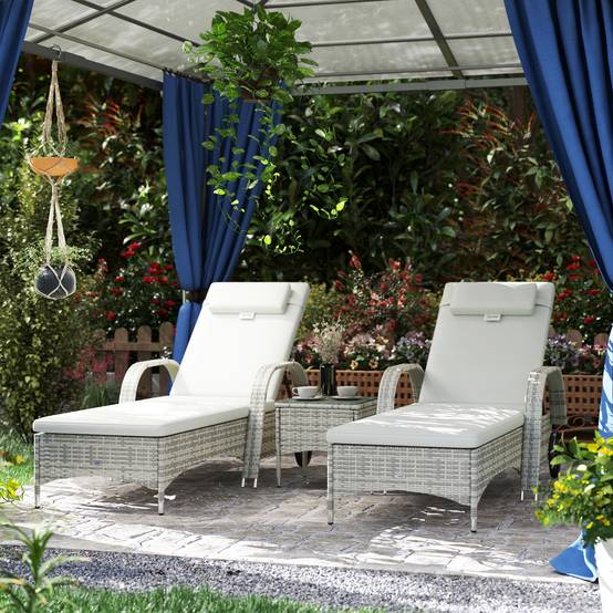 Lot 2 transats avec table Résine tressée Jardin & terrasse Dossier réglable Crème - ComfortXL Outdoor Living - Image 3