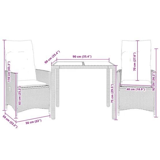 Salon de Jardin 2 Personnes avec Fauteuils Inclinables et Table Carrée en Verre Noir – ComfortXL Outdoor Living - Image 7