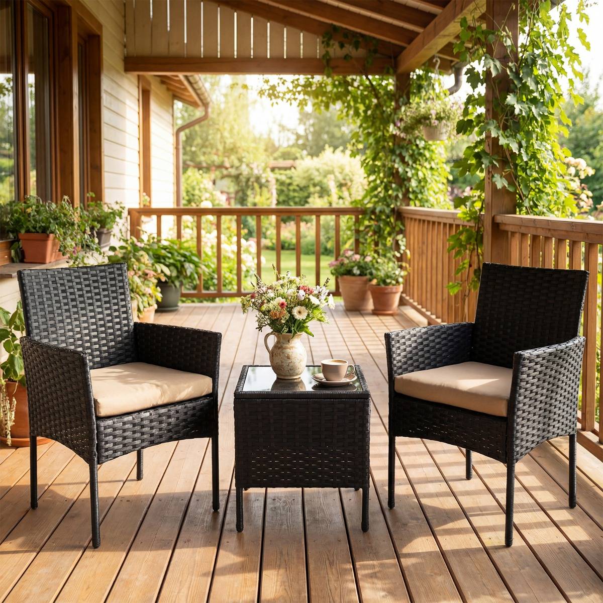 Ensemble Salon de Jardin 3 Pièces - Table et 2 Chaises Confortables en Verre Coussins Amovibles Marron MAISON CHIC - Image 3