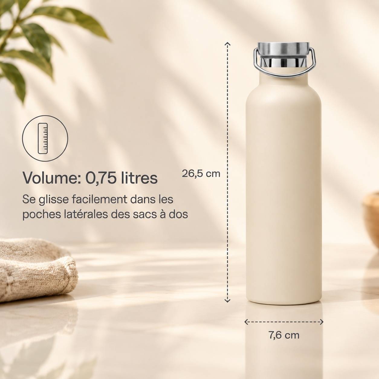 Bouteille Isotherme 750 Ml Beige Étanche Lave-Vaisselle Double Paroi Sport - Image 3