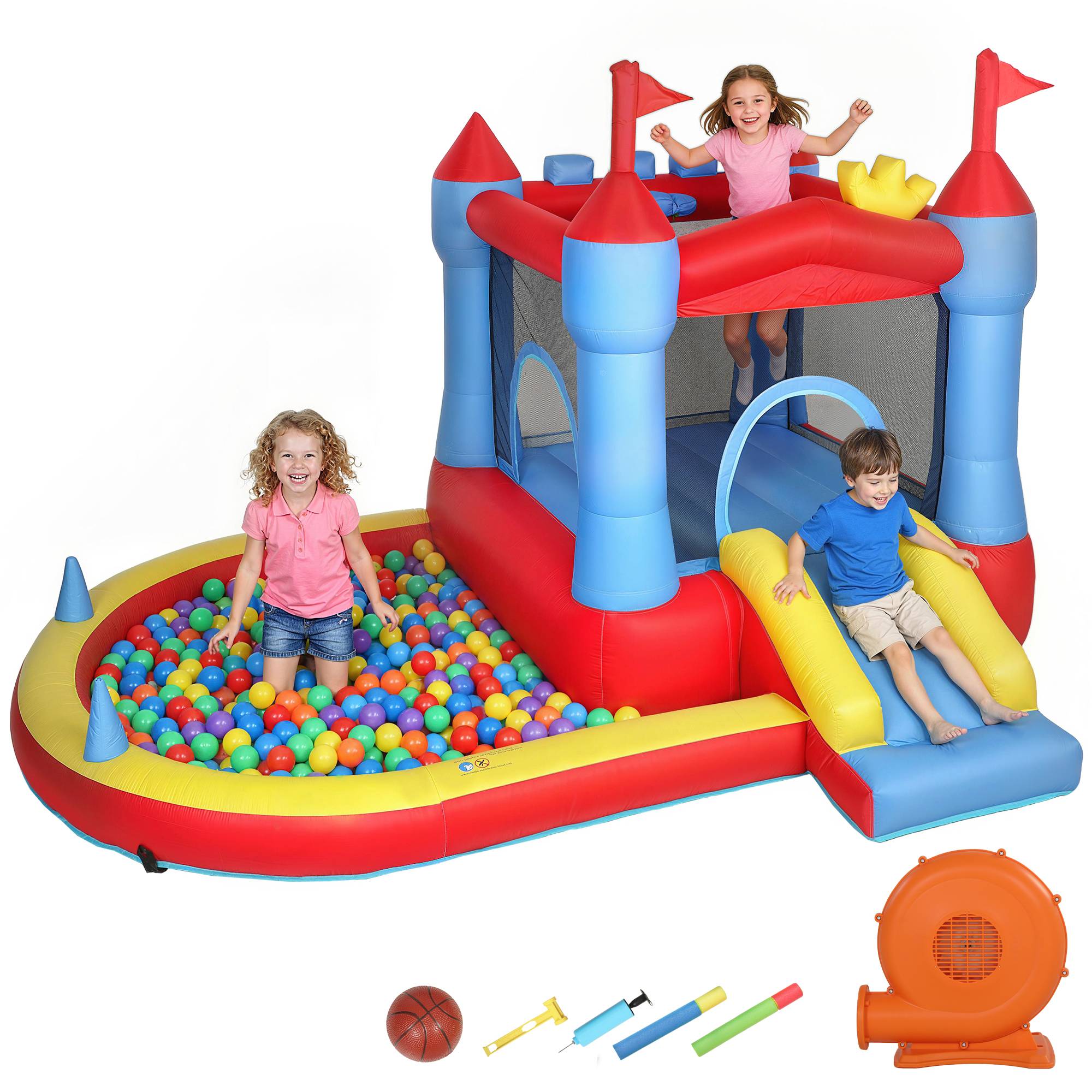 Château gonflable avec souffleur, aire de jeux gonflable avec toboggans, trampoline, piscine à balles, multicolore - Image 1