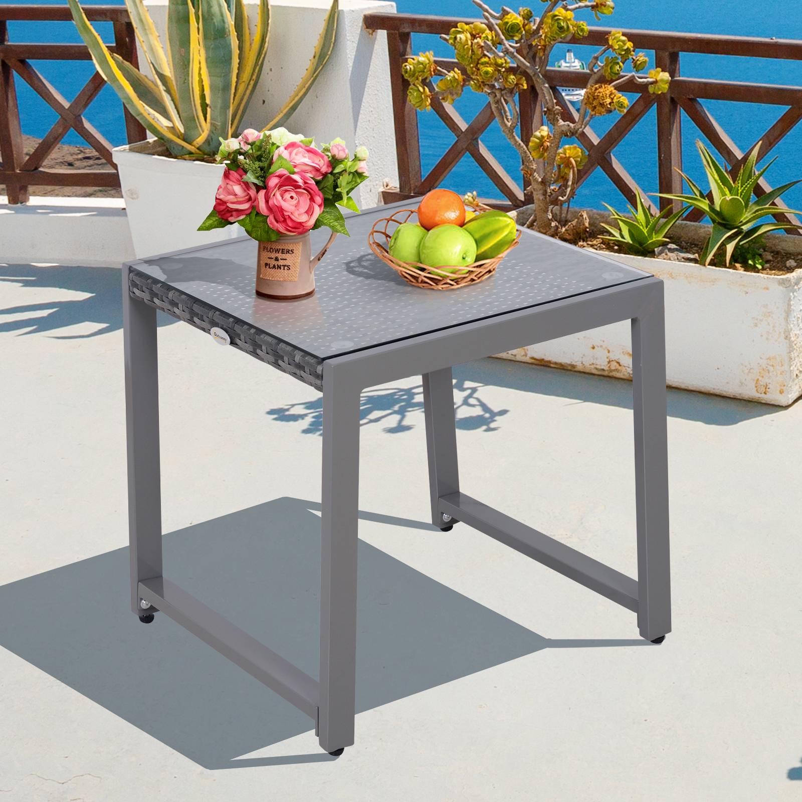 Table jardin 50x49,5x50 cm en polyrotin avec verre trempé et structure aluminium, gris moderne - Image 4