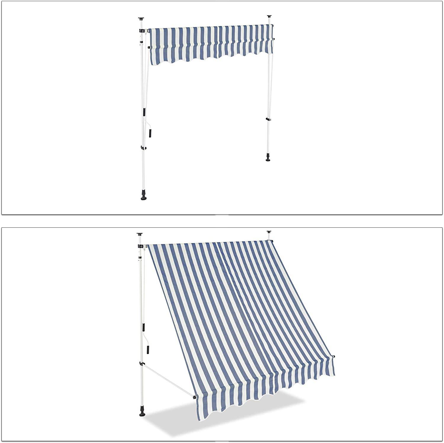 Helloshop26 - Store banne télescopique de balcon manivelle hauteur réglable résistant uv polyester acier 200 x 120 cm blanc et bleu - Imagen 2