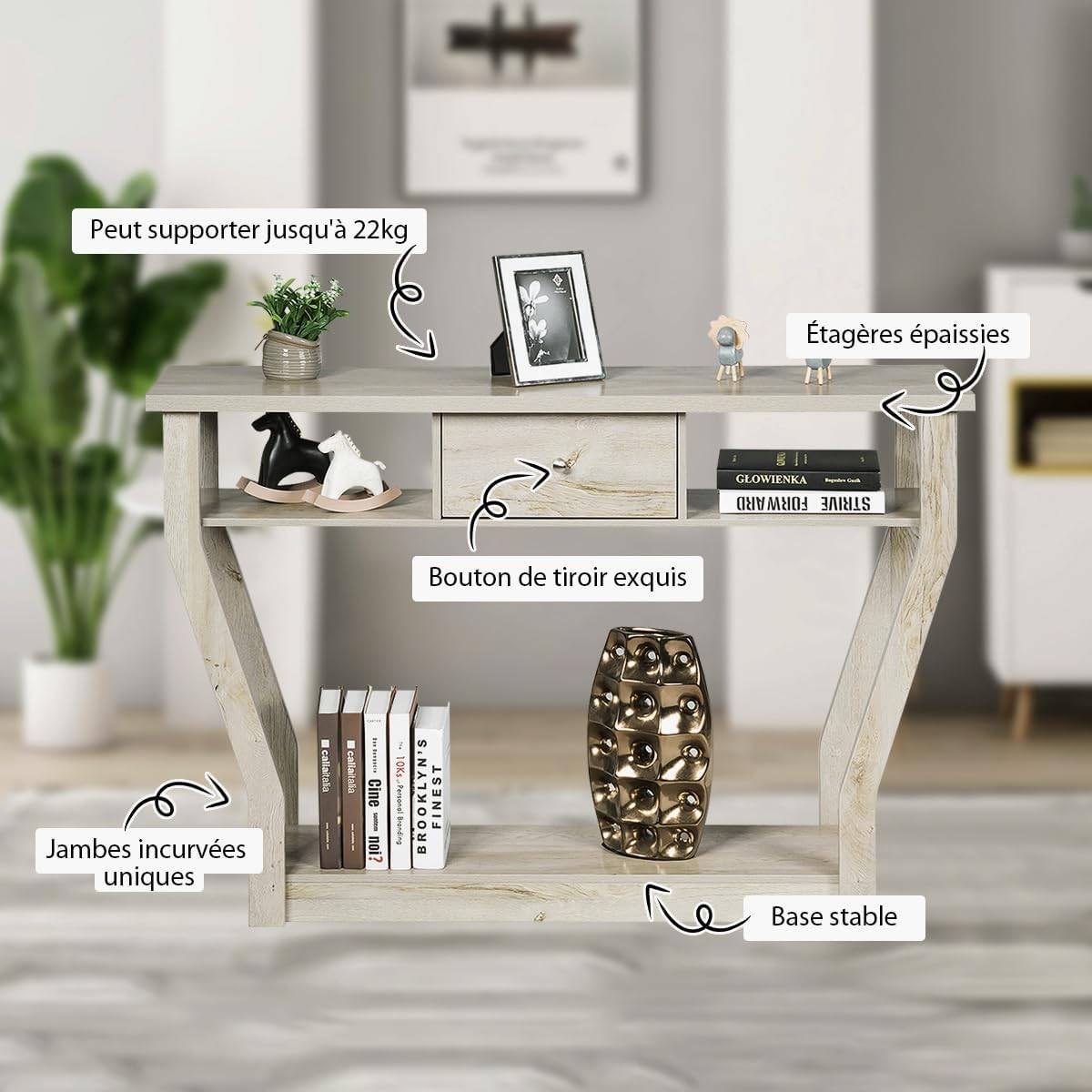 Table Console à Un Tiroir avec Poignées et 3 Compartiments pour Couloir,Chambre, 120x30x81,3cm - Image 10