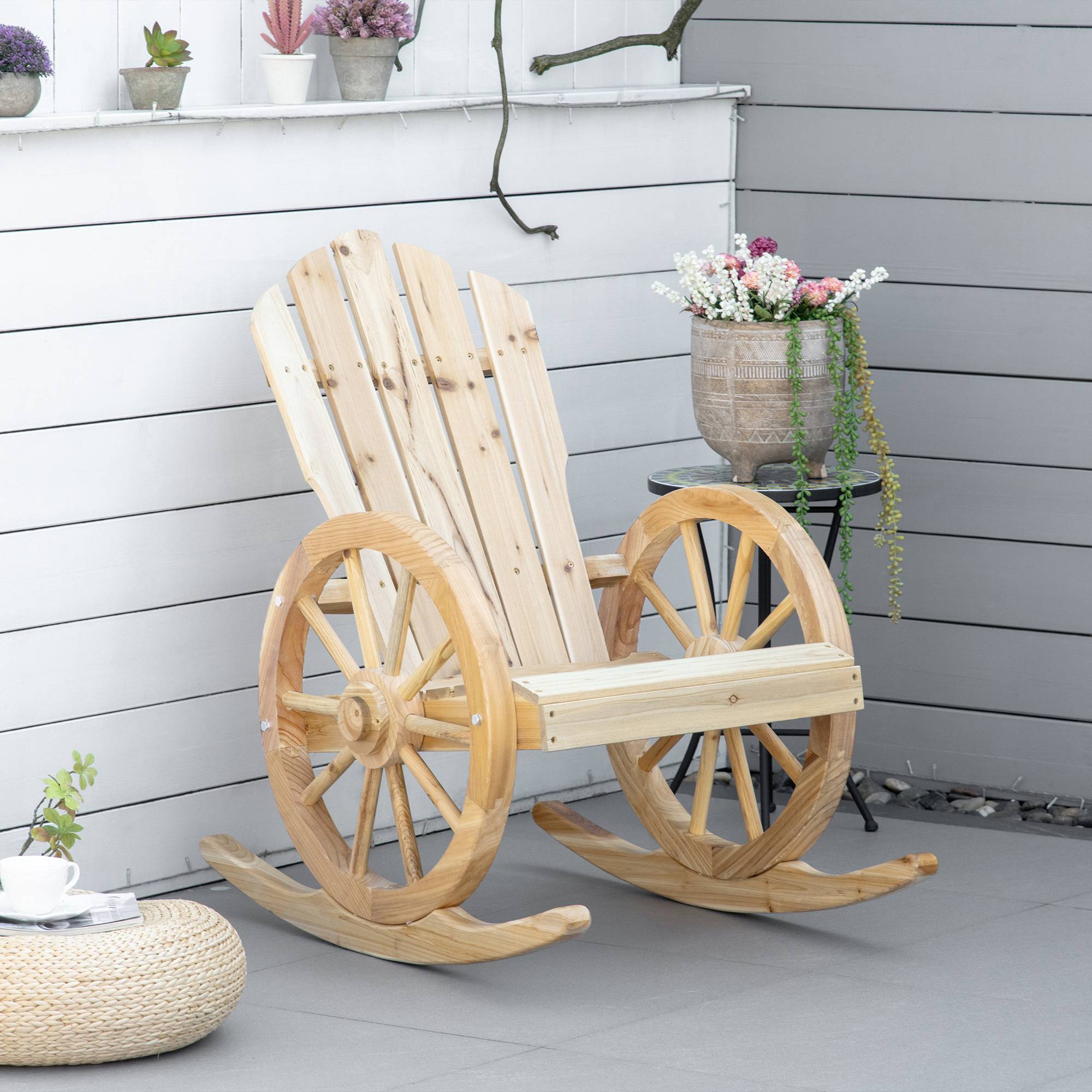 Fauteuil à Bascule Rustique Bois Sapin Jardin Terrasse Design Roue Naturel - ComfortXL Outdoor Living - Image 3
