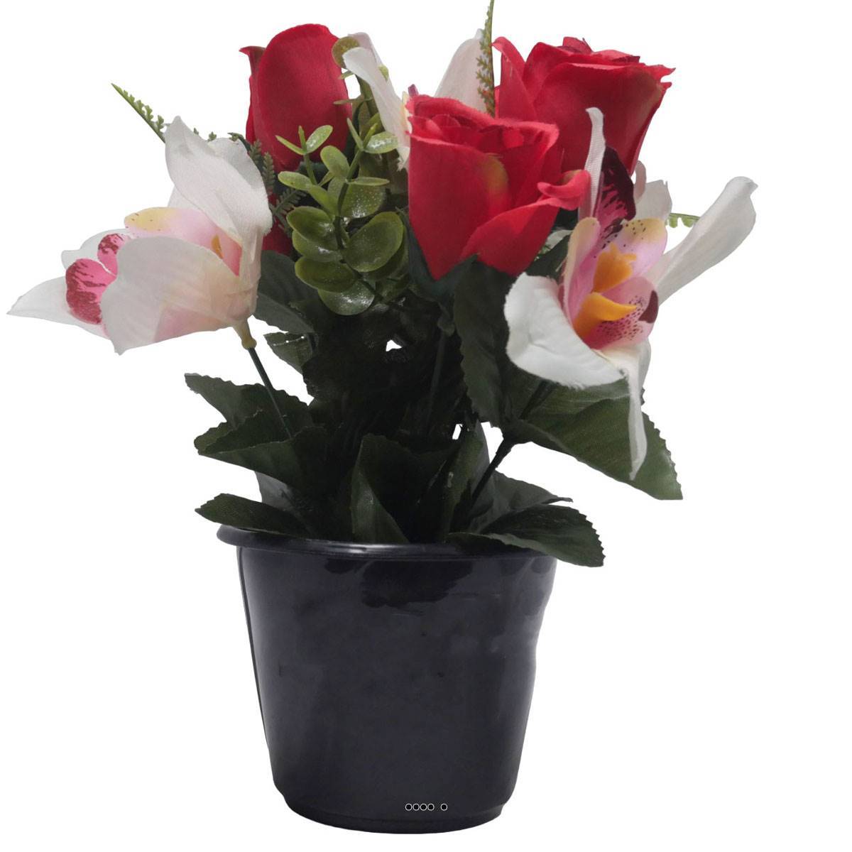 Artificielles - Pot de Rose, Lys et Orchidée artificiels pour la Toussaint Rouge - couleur: Rouge - Imagen 1