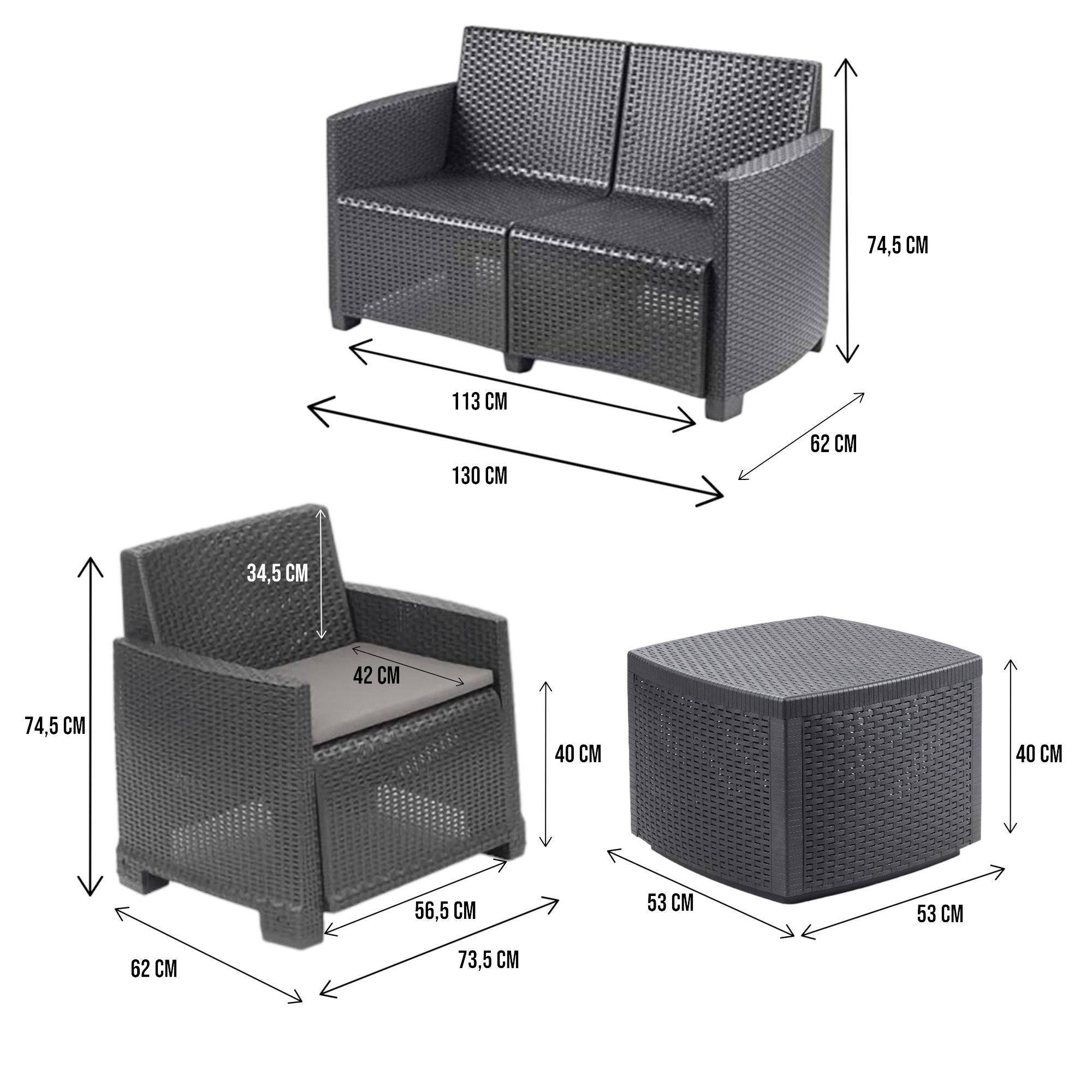 Dmora - Salon d'extérieur Dbalestrer, Composition de jardin avec 2 fauteuils, 1 canapé et 1 table de rangement, Effet rotin avec coussins, Anthracite - Dmora - Imagen 3