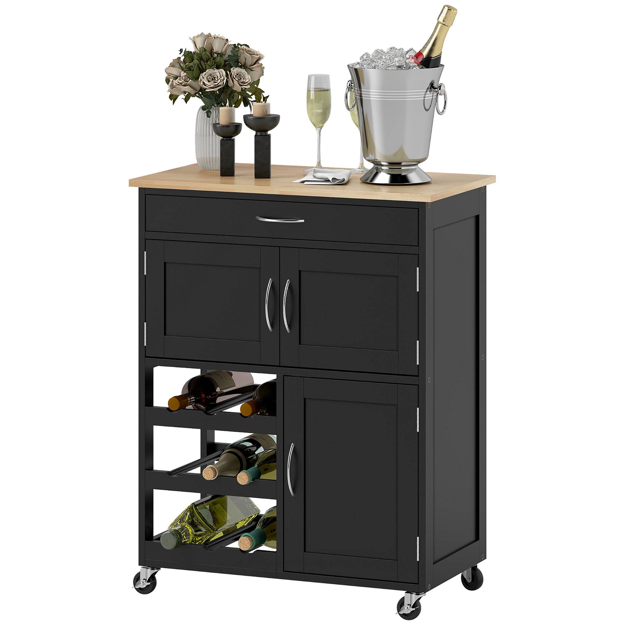 Sans Marque - Chariot cuisine roulettes 2 placards rangement tiroir 3 étagères ouvertes 9 bouteilles 67x37x87 cm noir - Image 2