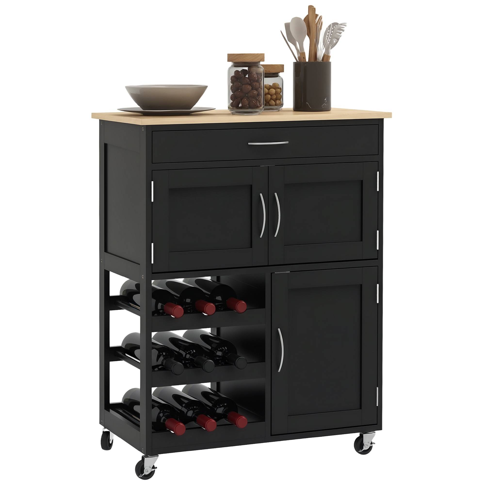 Sans Marque - Chariot cuisine roulettes 2 placards rangement tiroir 3 étagères ouvertes 9 bouteilles 67x37x87 cm noir - Image 1