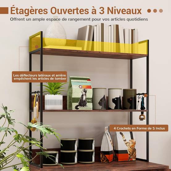 Meuble Litiere Chat, 3 Étagères de Rangement, 4 Crochets, Maison pour Chaton à 2 Portes, Entrée Latérale, Barrières Latéraux et Arrière, Maison de Toi - Image 3