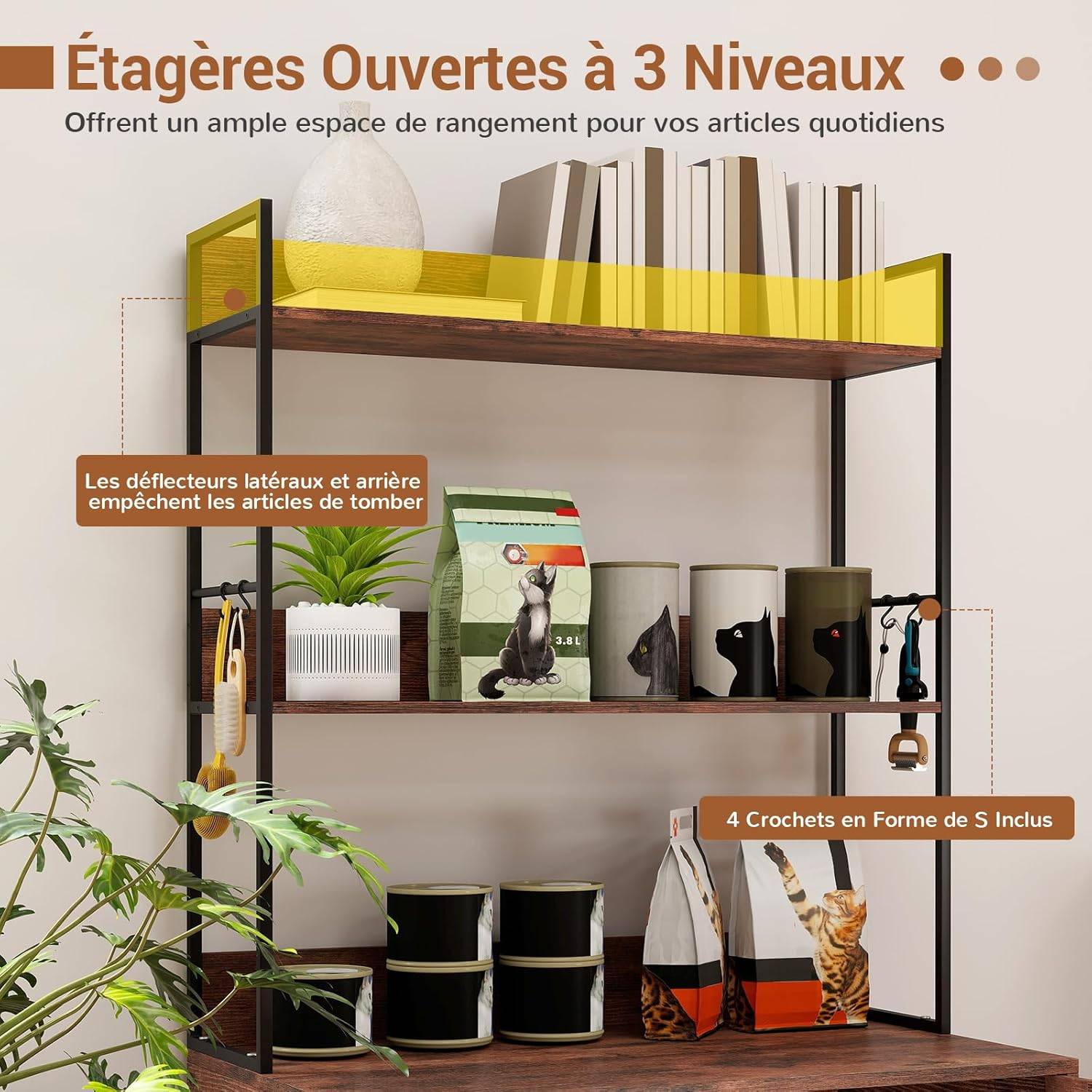 Meuble Litiere Chat, 3 Étagères de Rangement, 4 Crochets, Maison pour Chaton à 2 Portes, Entrée Latérale, Barrières Latéraux et Arrière, Maison de Toi - Image 3