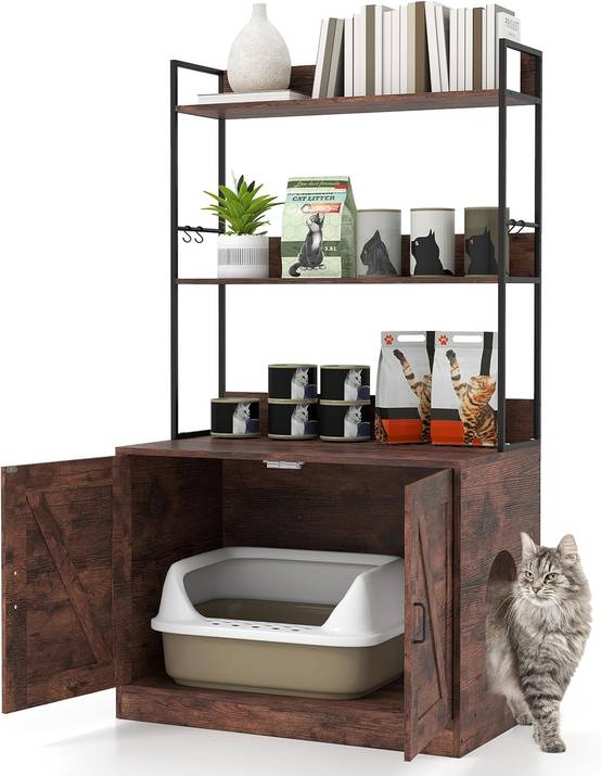 Meuble Litiere Chat, 3 Étagères de Rangement, 4 Crochets, Maison pour Chaton à 2 Portes, Entrée Latérale, Barrières Latéraux et Arrière, Maison de Toi - Image 1