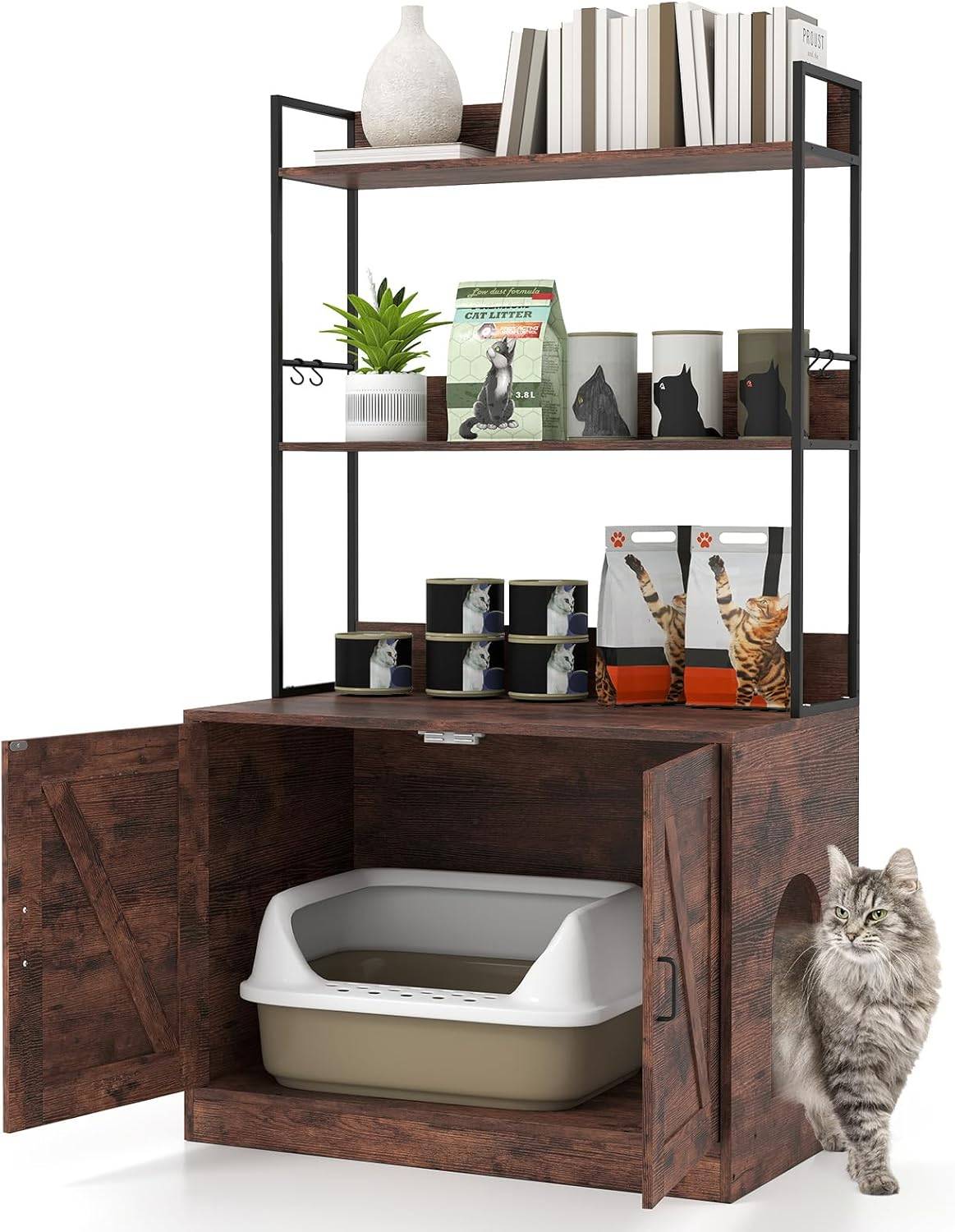 Meuble Litiere Chat, 3 Étagères de Rangement, 4 Crochets, Maison pour Chaton à 2 Portes, Entrée Latérale, Barrières Latéraux et Arrière, Maison de Toi - Image 1