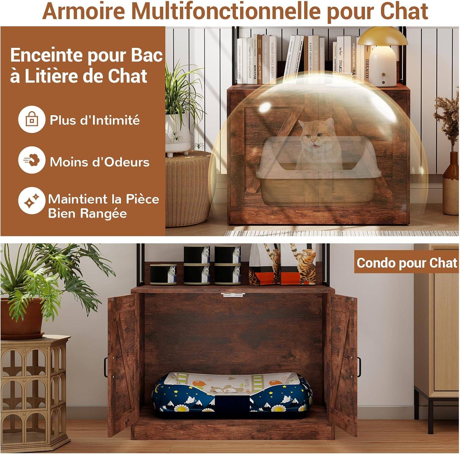 Meuble Litiere Chat, 3 Étagères de Rangement, 4 Crochets, Maison pour Chaton à 2 Portes, Entrée Latérale, Barrières Latéraux et Arrière, Maison de Toi - Image 2