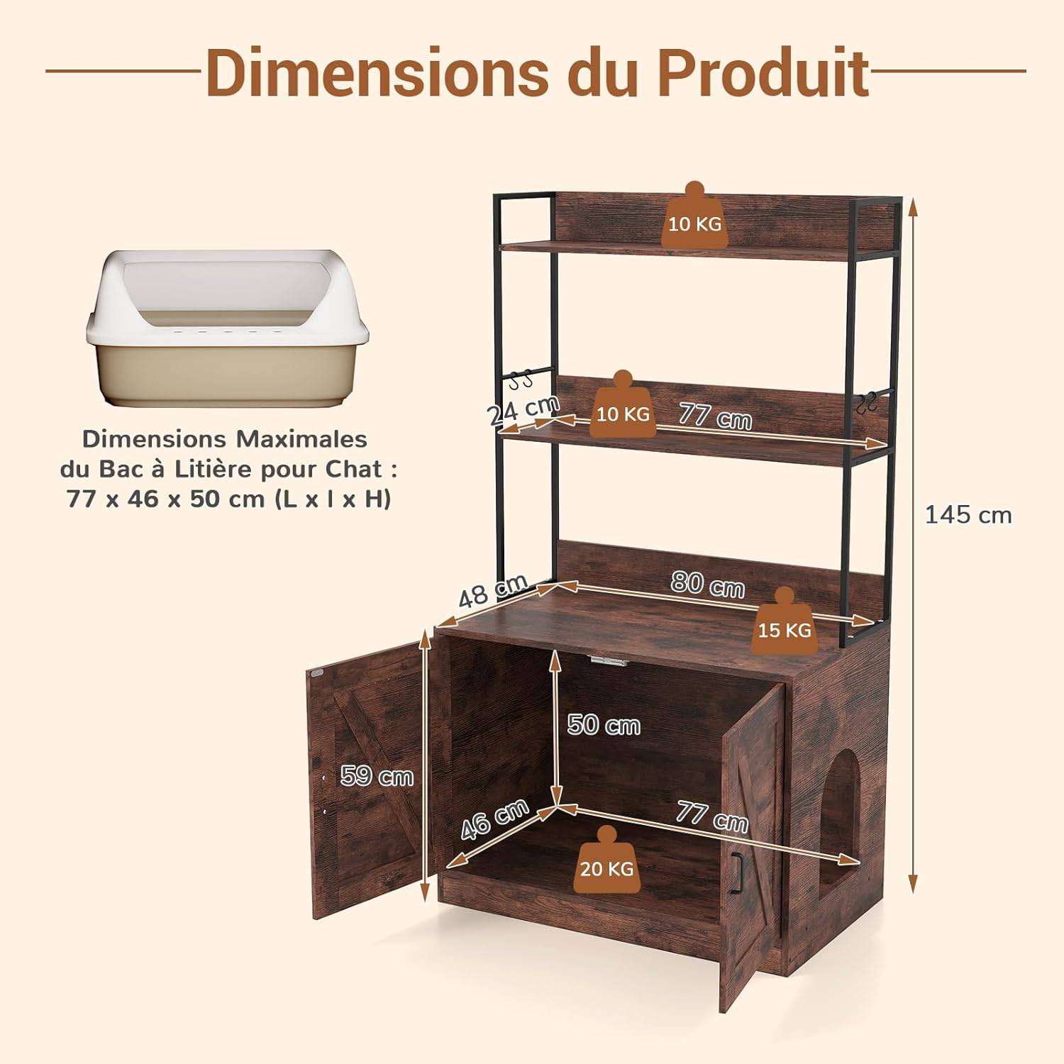 Meuble Litiere Chat, 3 Étagères de Rangement, 4 Crochets, Maison pour Chaton à 2 Portes, Entrée Latérale, Barrières Latéraux et Arrière, Maison de Toi - Image 4