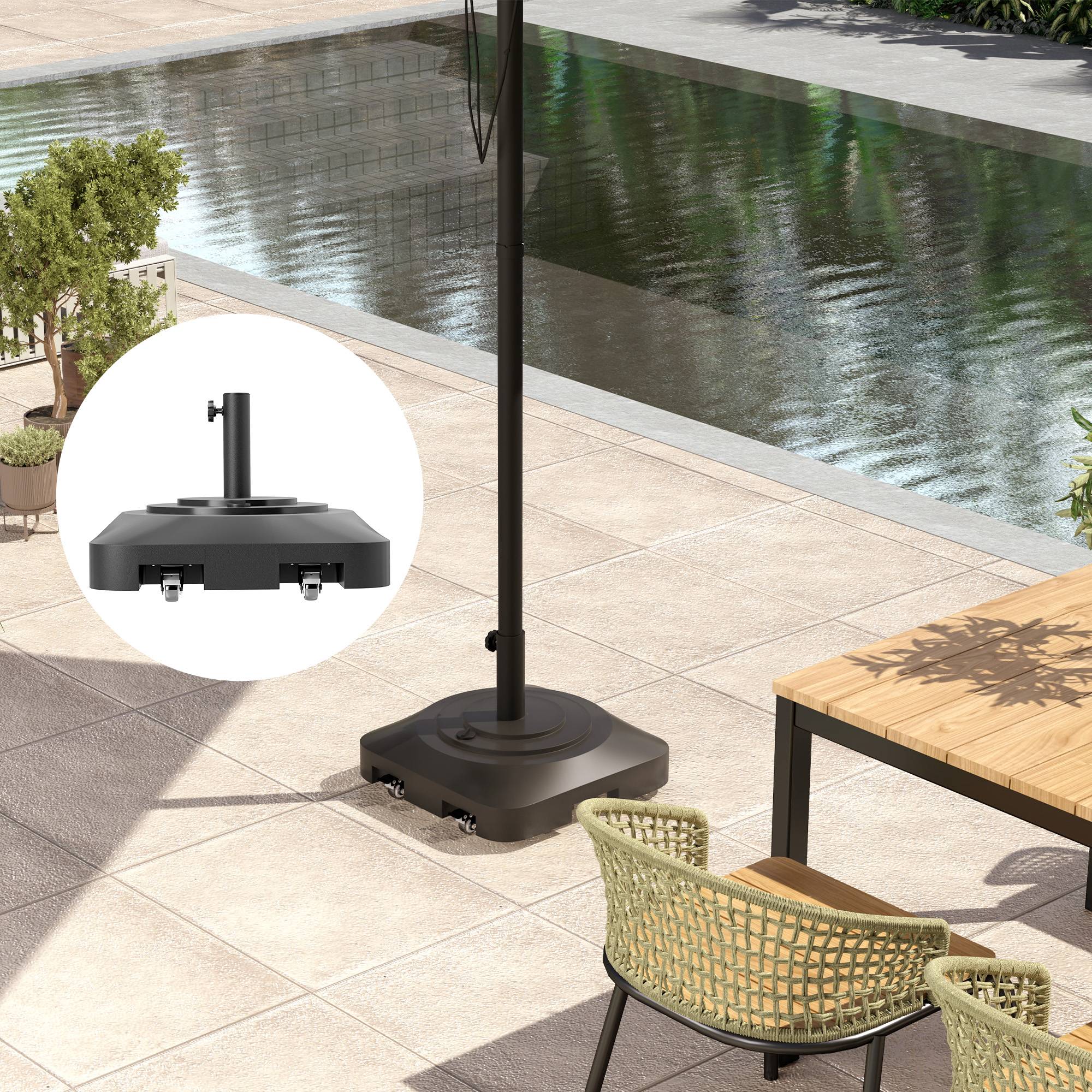 Pied de parasol carré plastique jardin terrasse remplissable à roulettes 48x48cm noir - ComfortXL Outdoor Living - Image 8