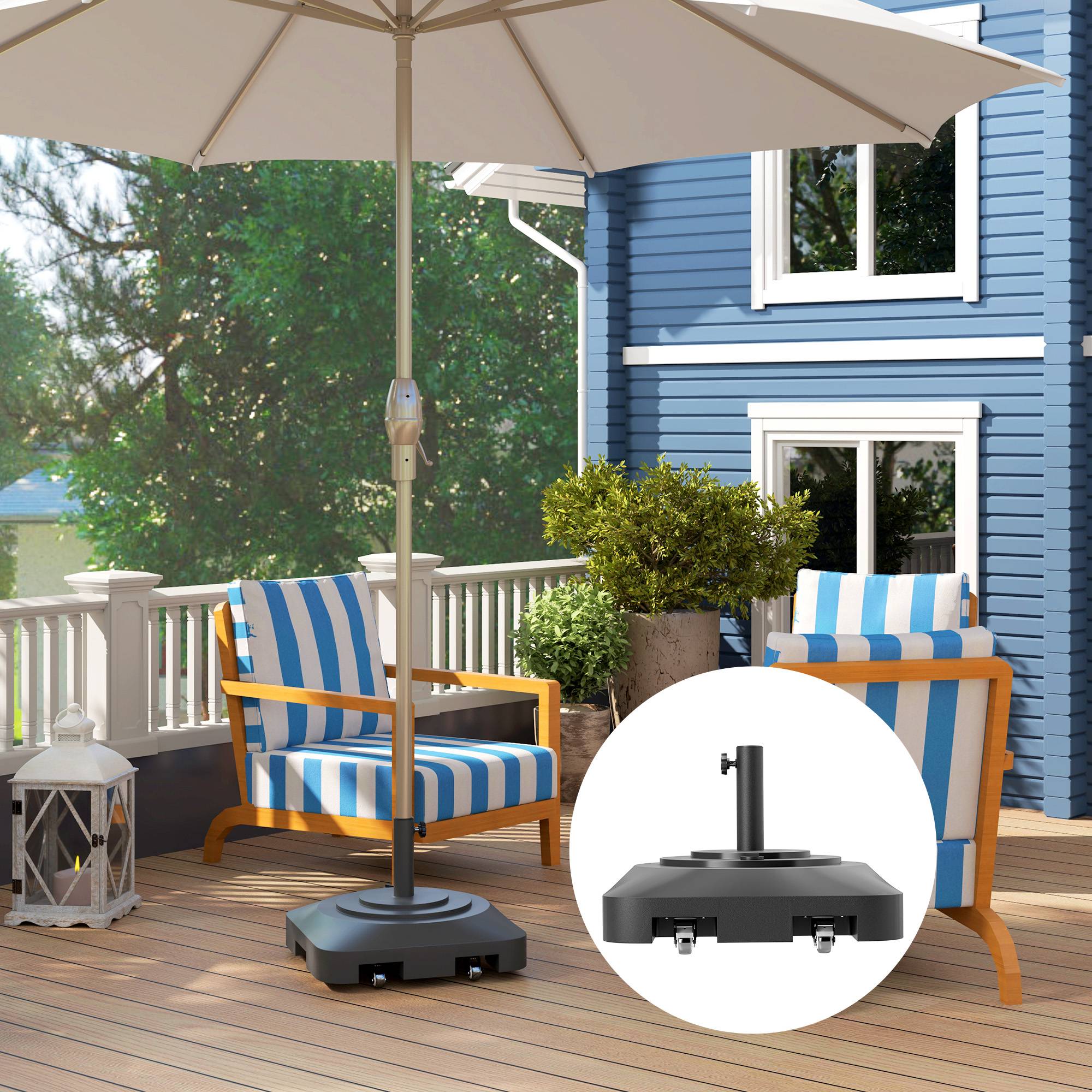 Pied de parasol carré plastique jardin terrasse remplissable à roulettes 48x48cm noir - ComfortXL Outdoor Living - Image 2