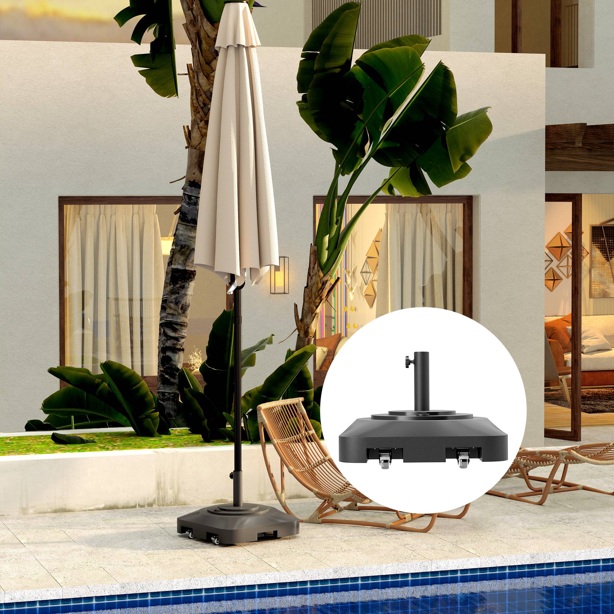 Pied de parasol carré plastique jardin terrasse remplissable à roulettes 48x48cm noir - ComfortXL Outdoor Living - Image 7