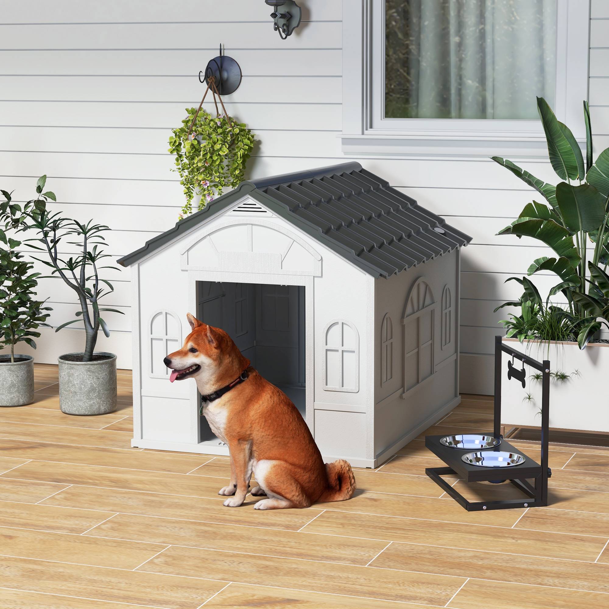 Niche PP étanche pour chien,toit incliné,porte d'entrée,84.2x98.2x82cm gris - Image 4