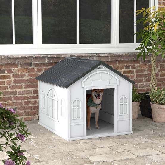 Niche PP étanche pour chien,toit incliné,porte d'entrée,84.2x98.2x82cm gris - Image 3