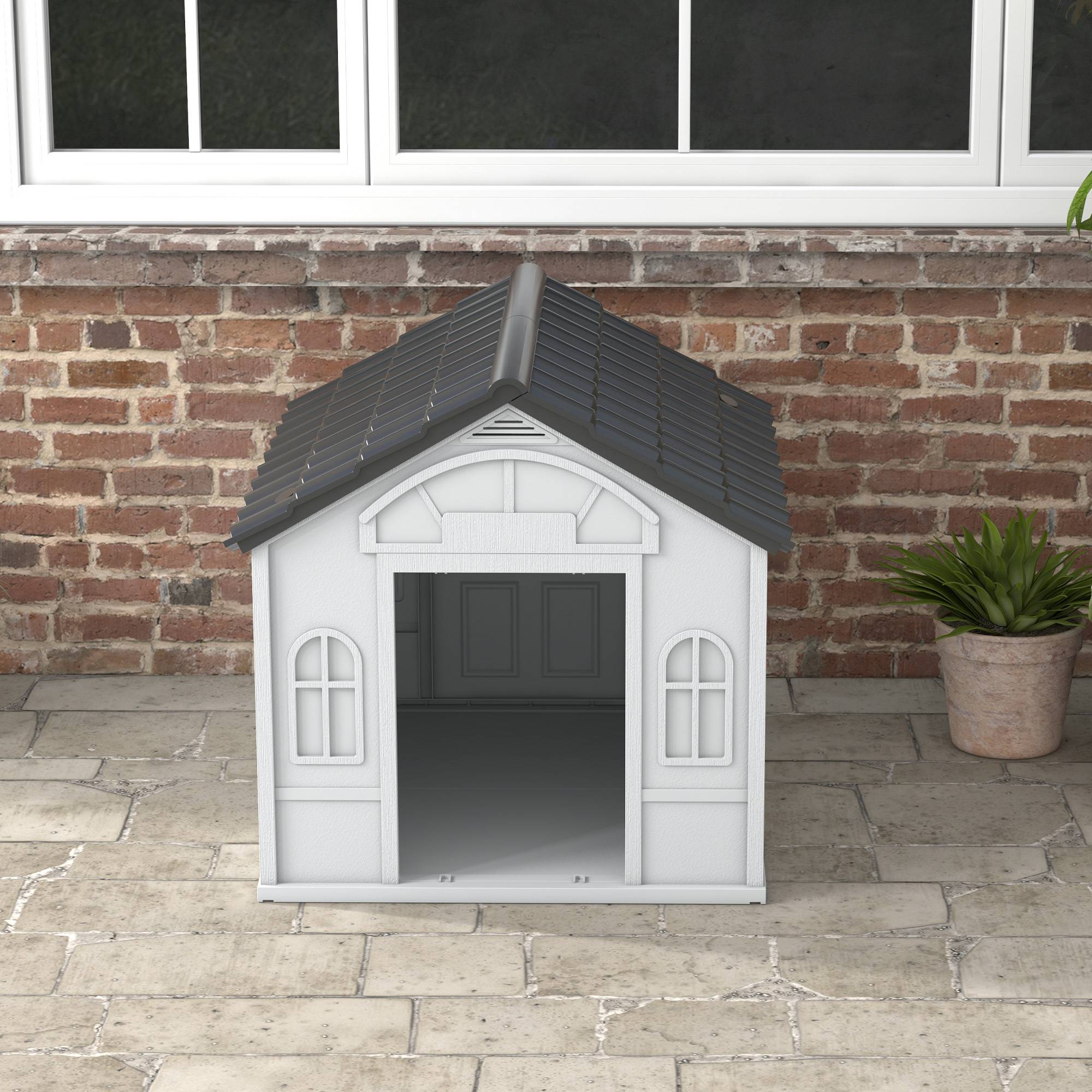 Niche PP étanche pour chien,toit incliné,porte d'entrée,84.2x98.2x82cm gris - Image 10