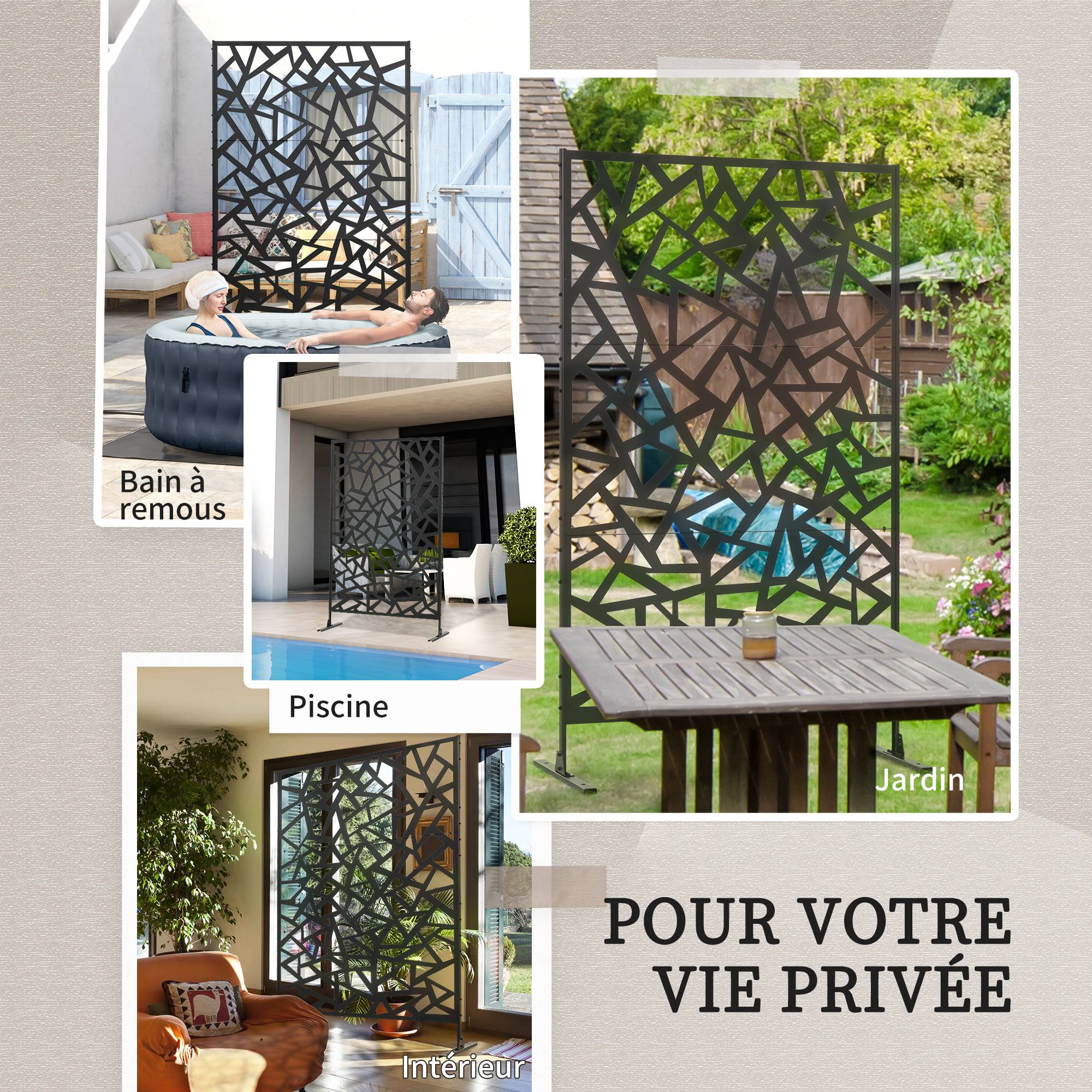 Panneau brise-vue balcon décoratif extérieur à motif géométrique ajouré en acier 122 x 45 x 198 cm noir - Image 8