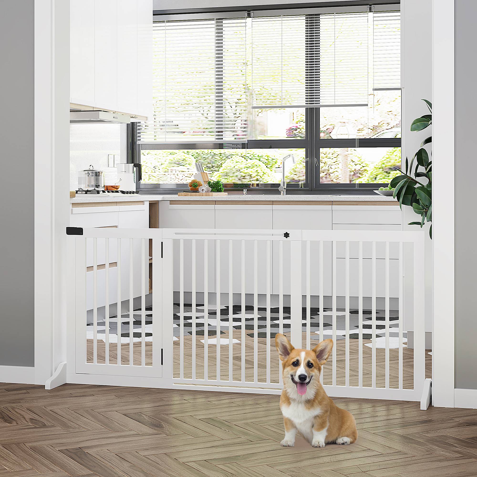 Barrière pour chien autoportante réglable avec pieds 113-166 x 71 cm, bois, escaliers, portes, cuisine, blanc - Image 3