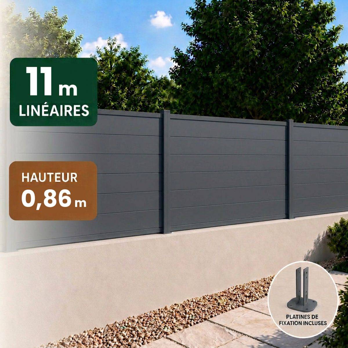 Direct Abris - Kit clôture RECIFE Aluminium anthracite 10,87m poteau 60x70mm gris sur platines 0,86m - Image 1