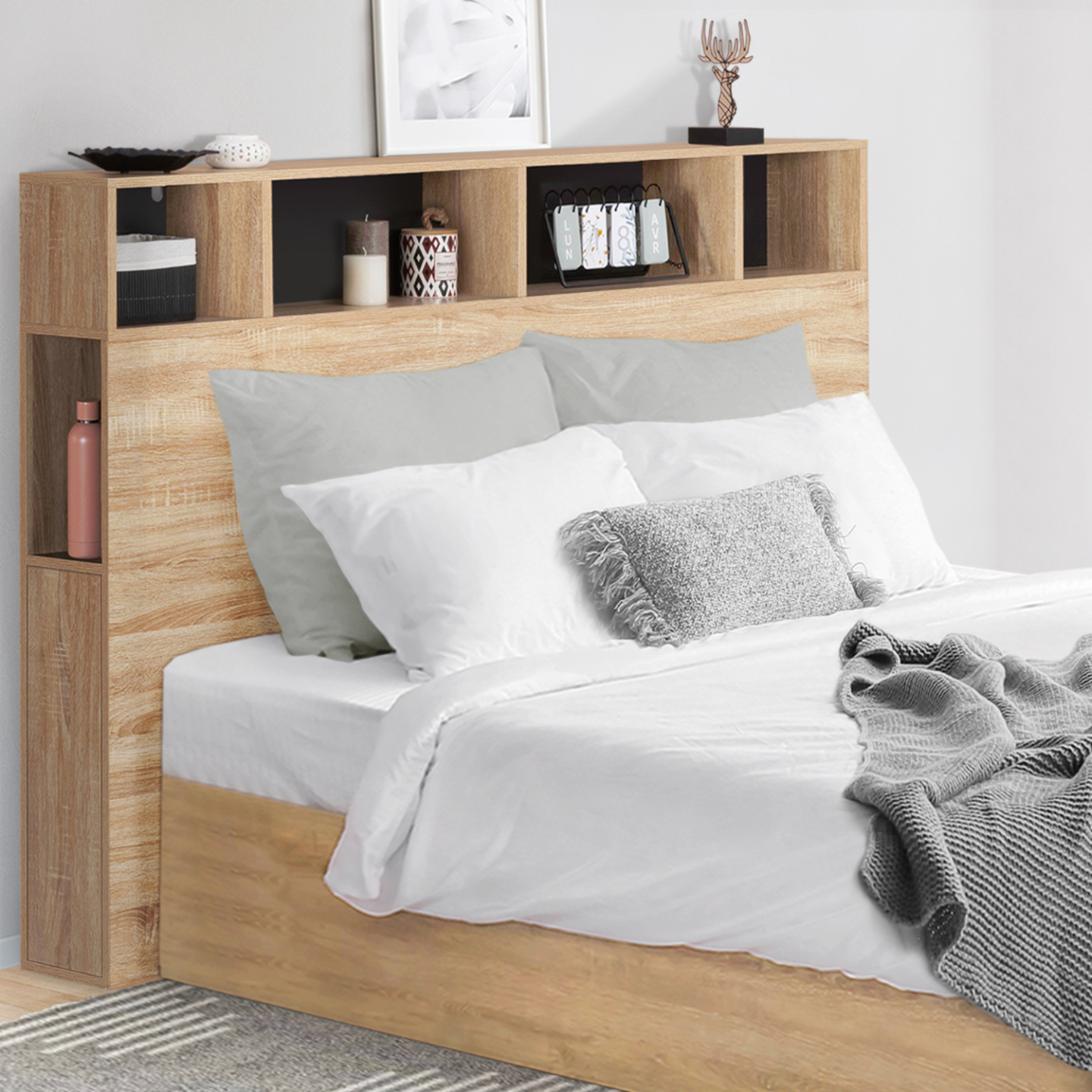Tête de lit sur pied CLEO 165 cm avec rangements fermés et niches façon hêtre et noir - Image 7