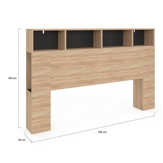 Tête de lit sur pied CLEO 165 cm avec rangements fermés et niches façon hêtre et noir - Image 4