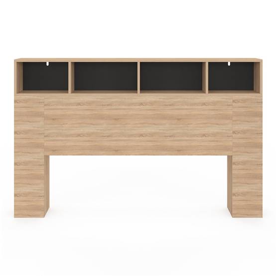 Tête de lit sur pied CLEO 165 cm avec rangements fermés et niches façon hêtre et noir - Image 3