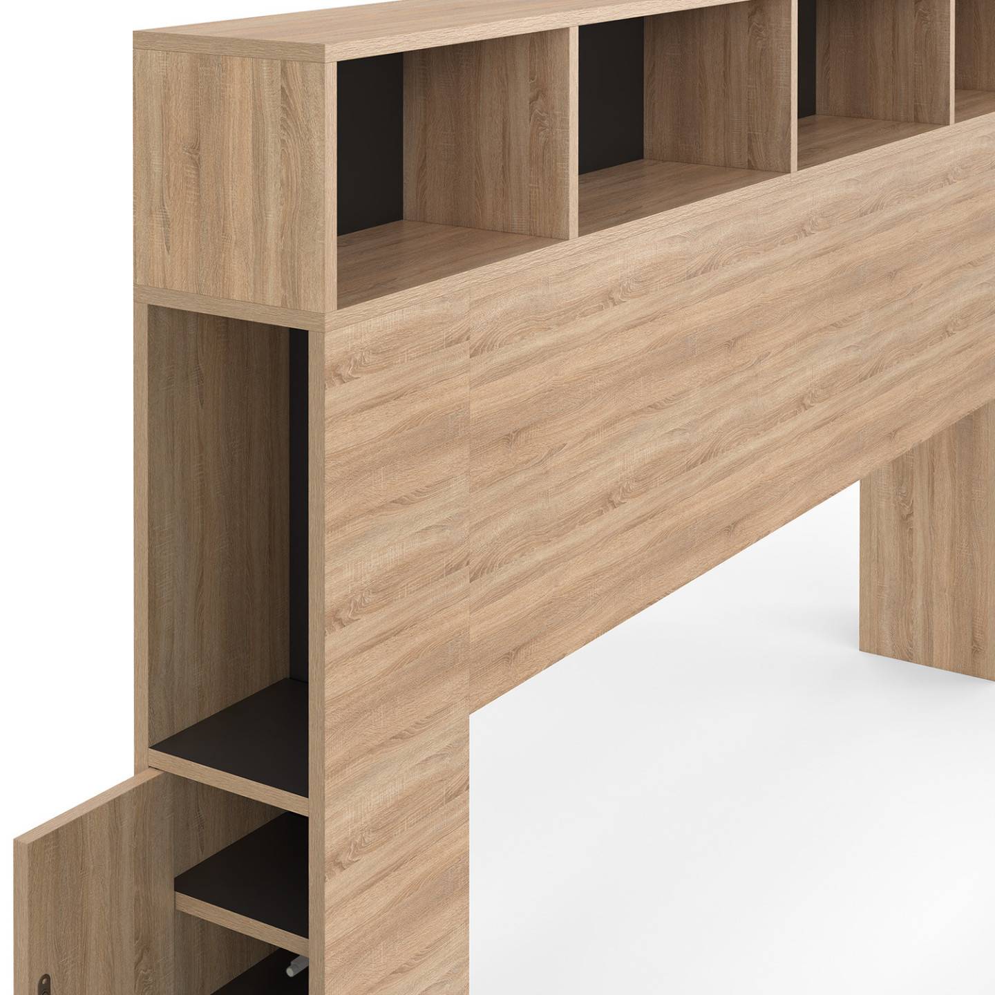Tête de lit sur pied CLEO 165 cm avec rangements fermés et niches façon hêtre et noir - Image 5