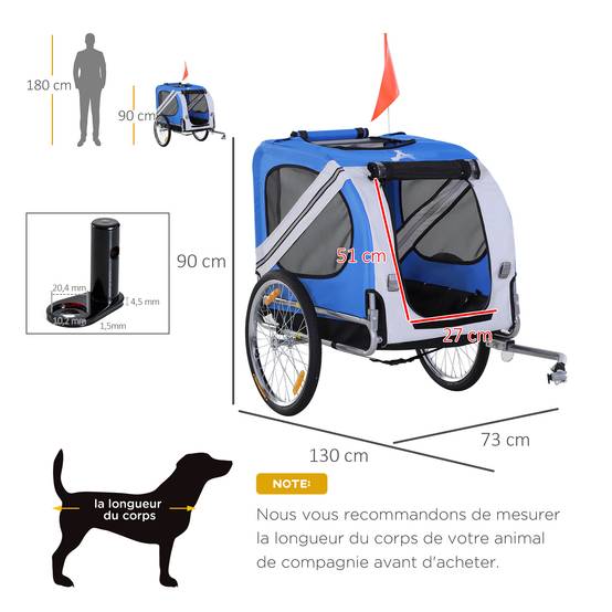 Remorque vélo pour chien animaux 8 réflecteurs drapeau barre attelage inclus 130 x 73 x 90 cm blanc et bleu - Image 5