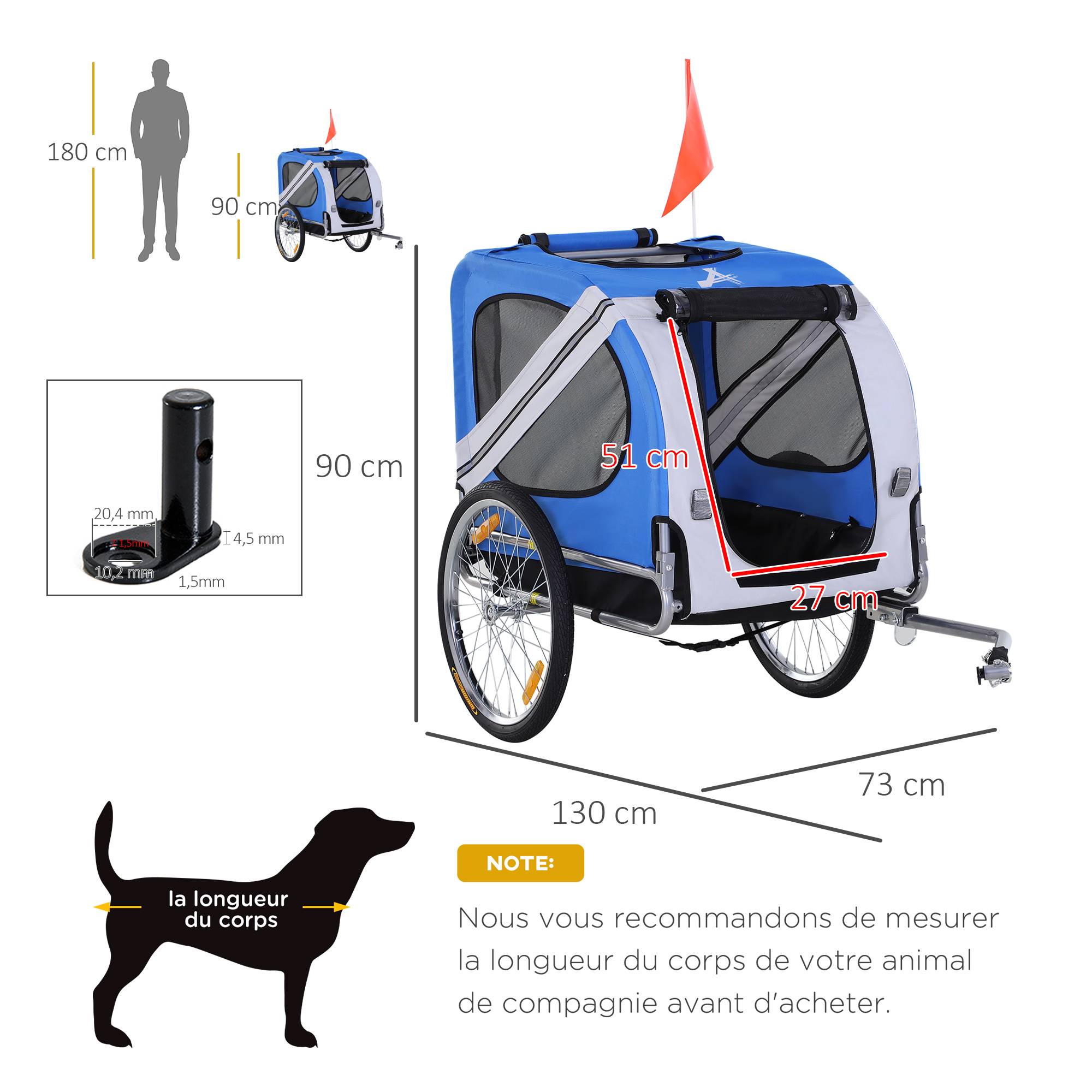 Remorque vélo pour chien animaux 8 réflecteurs drapeau barre attelage inclus 130 x 73 x 90 cm blanc et bleu - Image 5
