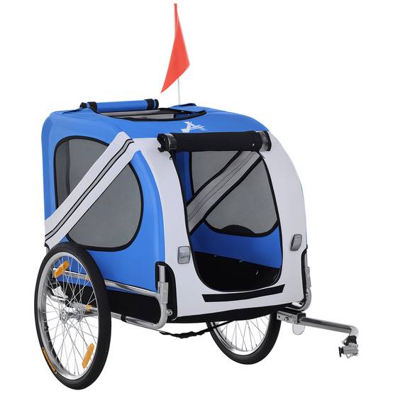 Remorque vélo pour chien animaux 8 réflecteurs drapeau barre attelage inclus 130 x 73 x 90 cm blanc et bleu - Image 1