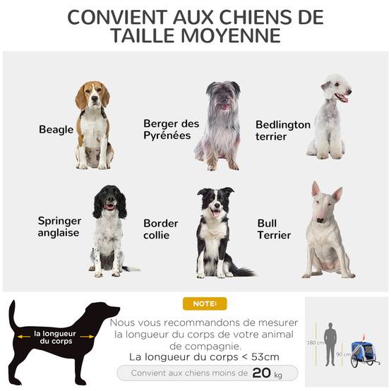 Remorque vélo pour chien animaux 8 réflecteurs drapeau barre attelage inclus 130 x 73 x 90 cm blanc et bleu - Image 9