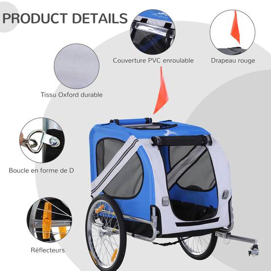 Remorque vélo pour chien animaux 8 réflecteurs drapeau barre attelage inclus 130 x 73 x 90 cm blanc et bleu - Image 6